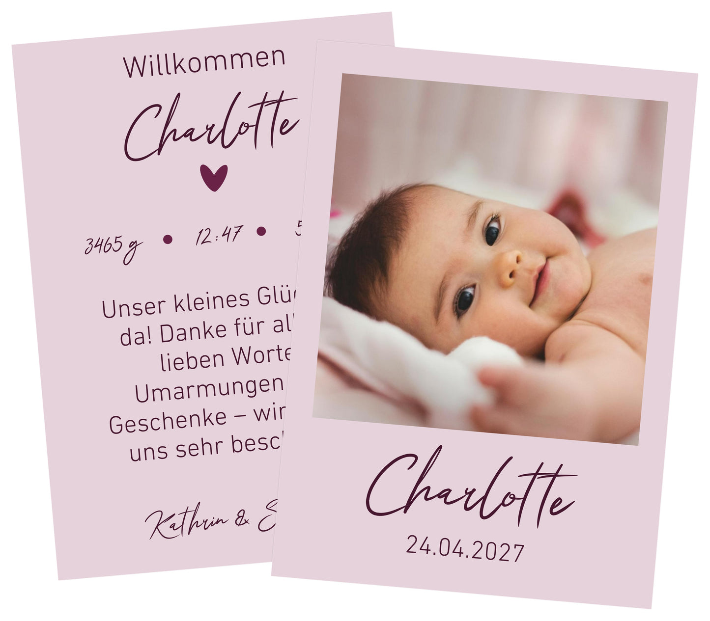 Dankeskarte zur Geburt seidenmatt Papier ohne Veredlung in Rosa- Premium Danksagung mit luxuriöser Ausstrahlung