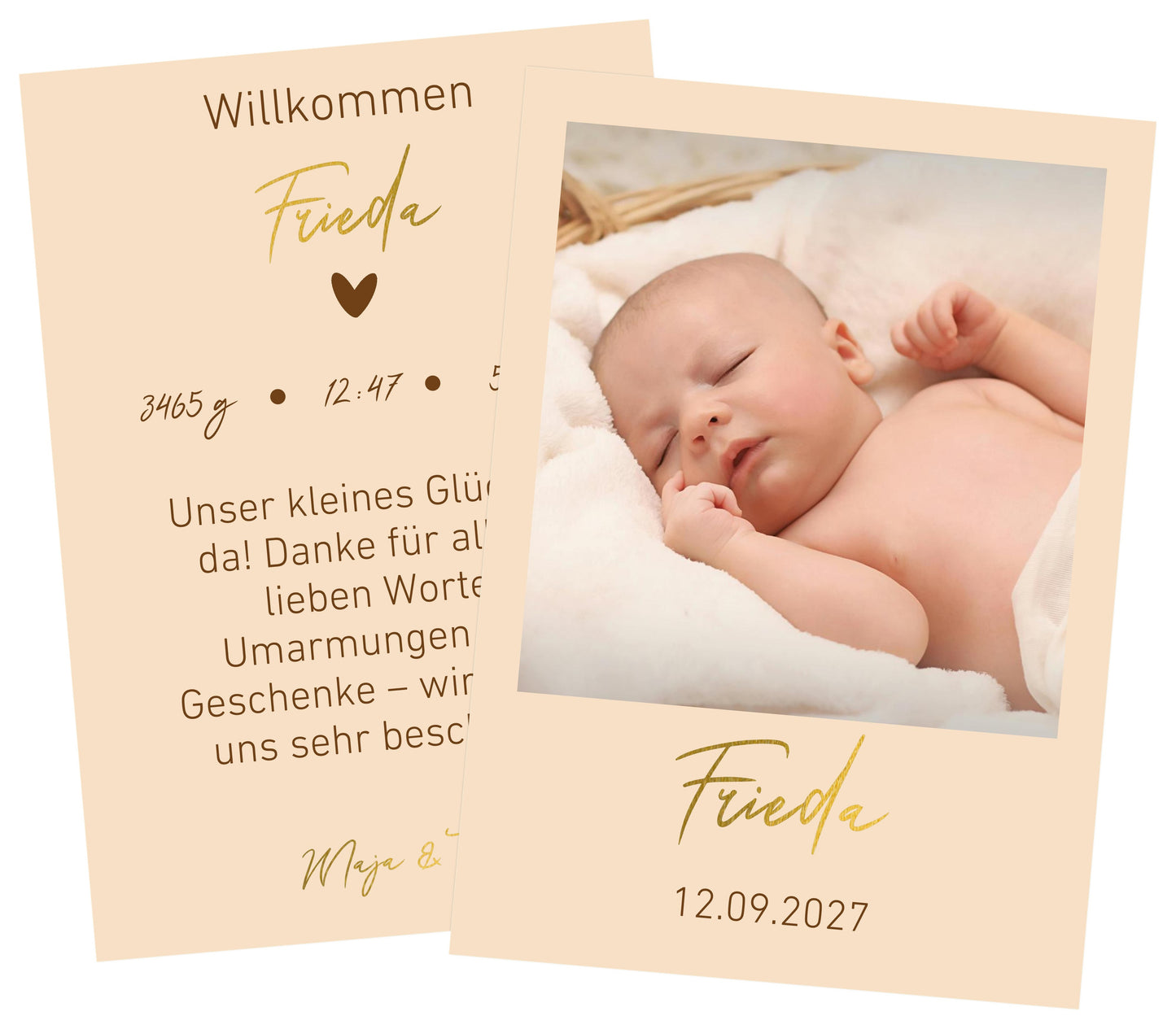 Dankeskarte zur Geburt seidenmatt Papier mit Goldveredlung in Beige - Premium Danksagung mit luxuriöser Ausstrahlung