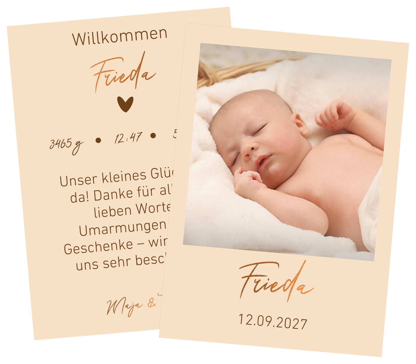 Dankeskarte zur Geburt seidenmatt Papier mit Kupferveredlung in Beige - Warme Danksagung mit kupfernen Akzenten