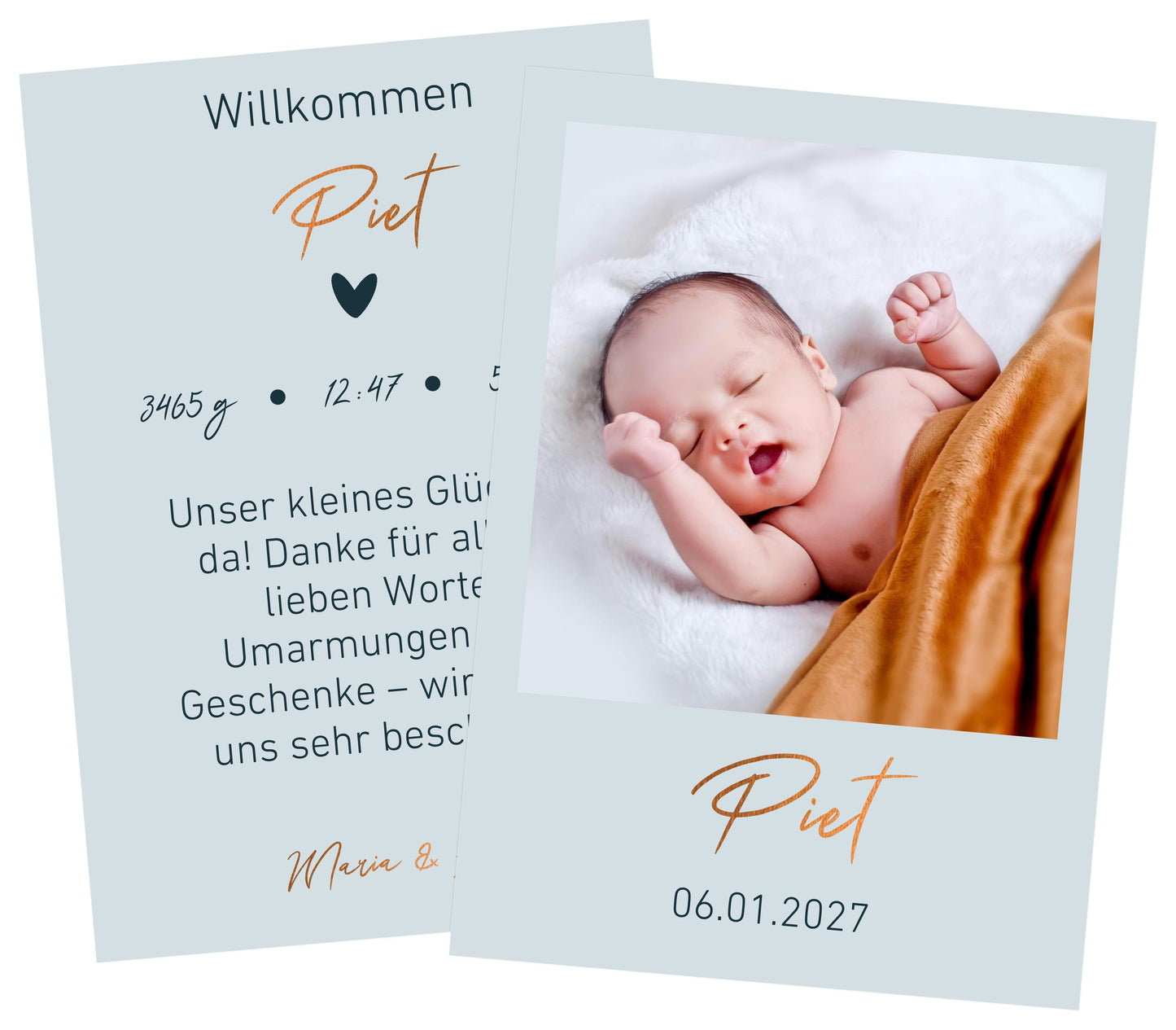Dankeskarte zur Geburt seidenmatt Papier mit Kupferveredlung in Blau - Moderne Danksagung mit metallischen Details