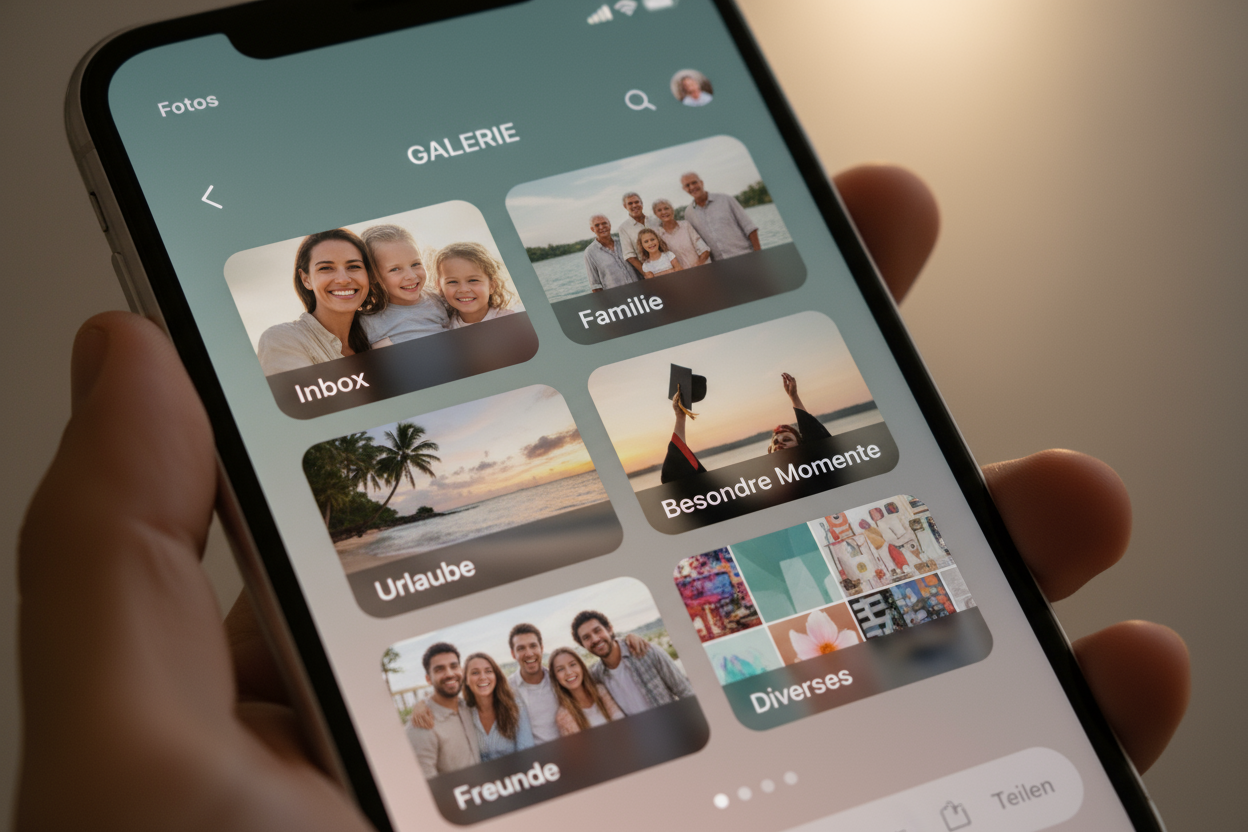 ei handy auf dem die famileinerinnerung sehr schön in fünf alben/ordner sortiert sind. es wirkt total aufgeräumt: das siend dei alben/ordner: o	Inbox
o	Familie
o	Urlaube
o	Besondere Momente
o	Freunde
o	Diverses
