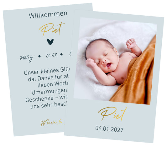 Dankeskarte zur Geburt seidenmatt Papier mit Goldveredlung in Blau - Edle Danksagung mit glänzenden Akzenten