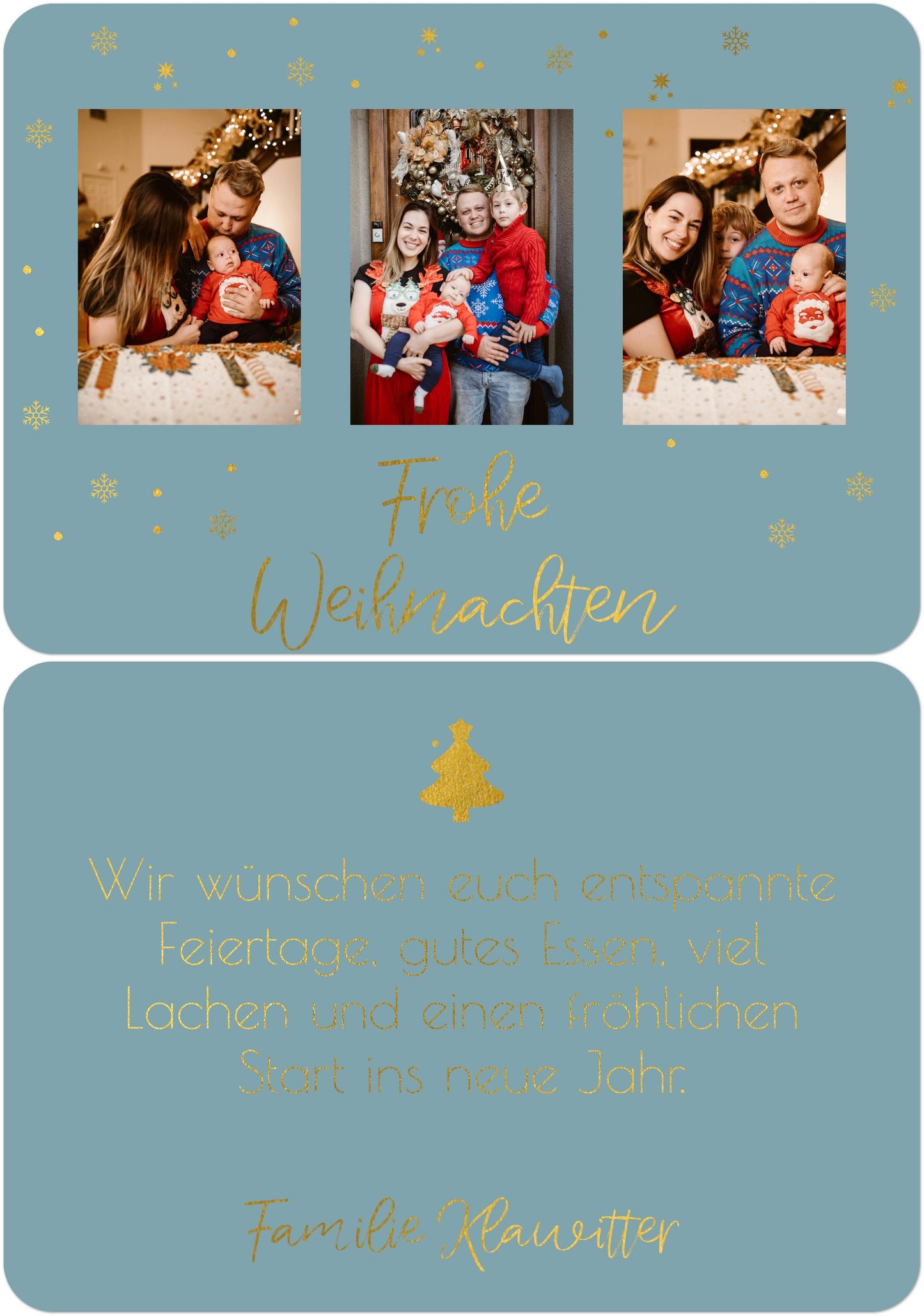 Weihnachtspostkarte Querformat mit gold in Farbe frostblau