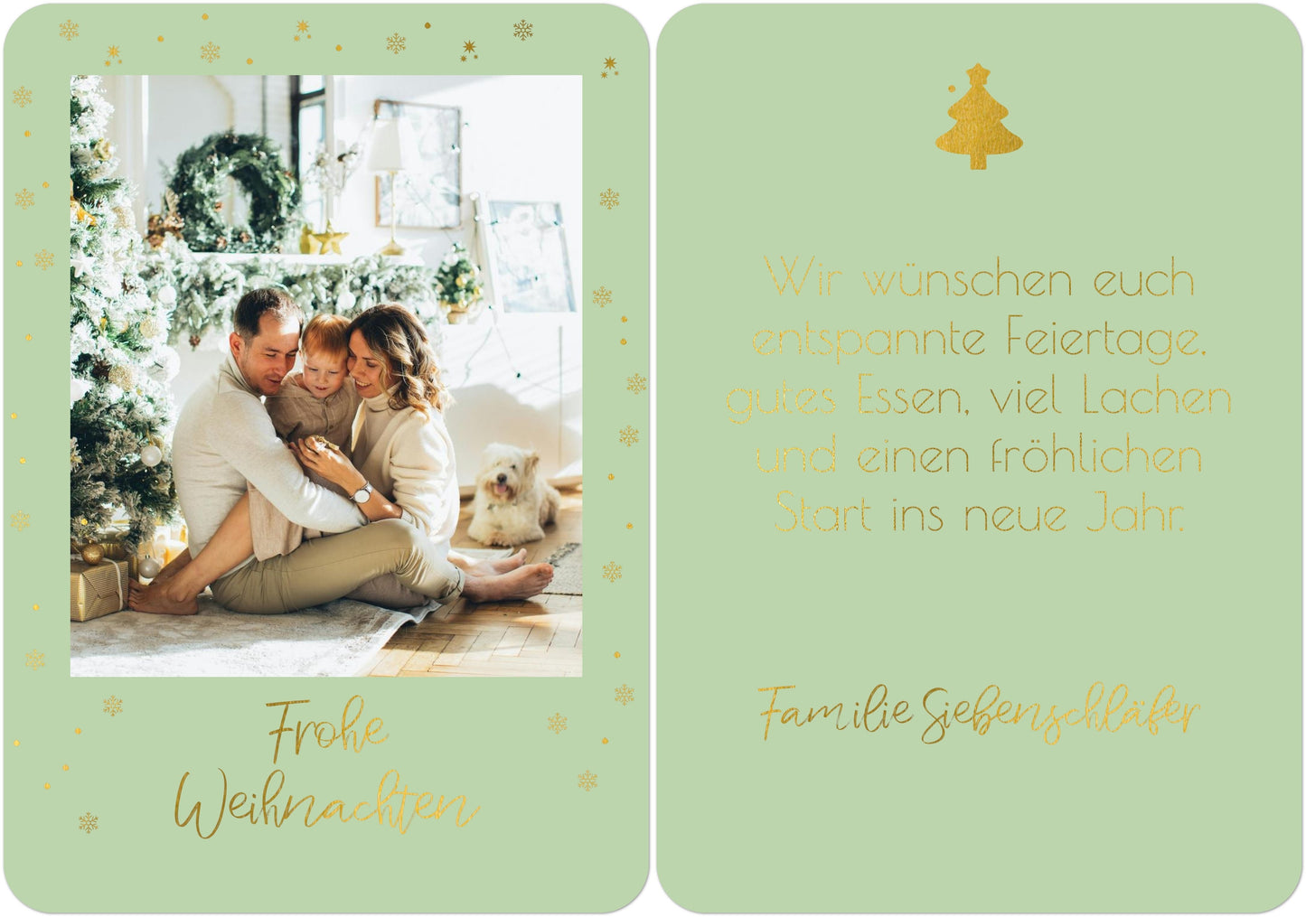 Weihnachtspostkarte Hochformat mit gold in Farbe tannengrün
