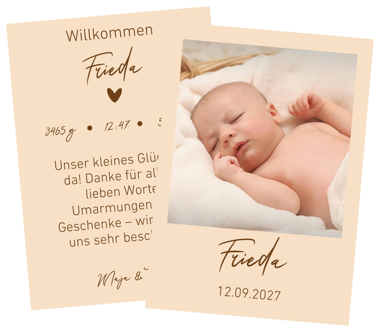 Dankeskarte zur Geburt seidenmatt Papier ohne Veredlung in Beige - Hochwertige Danksagung mit edler Haptik