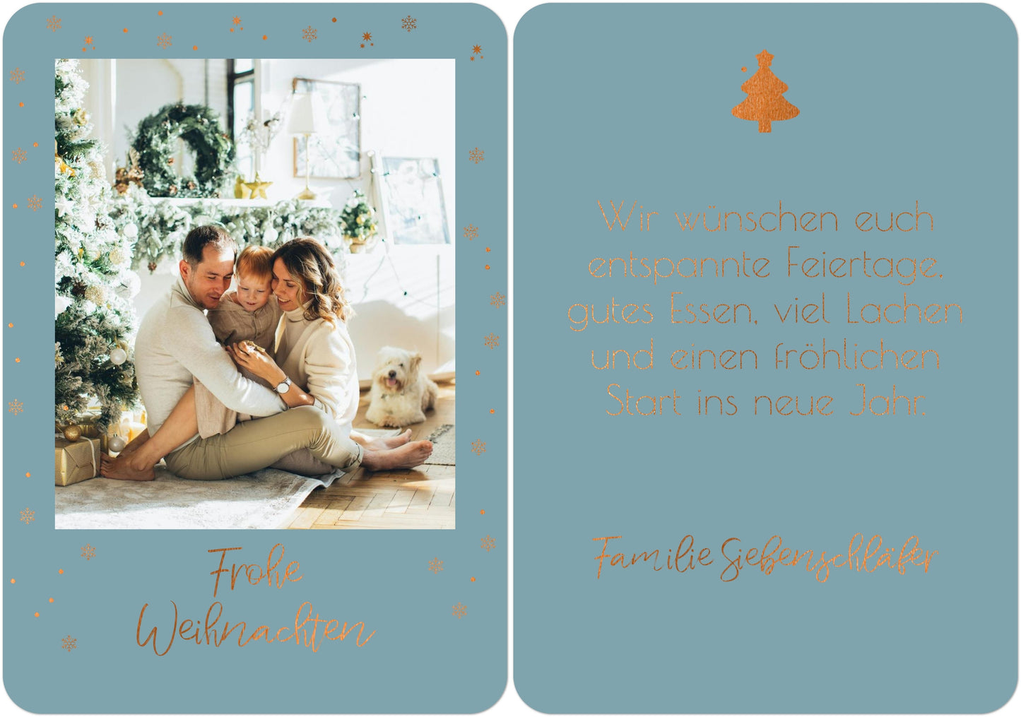 Weihnachtspostkarte Hochformat mit kupfer in Farbe frostblau