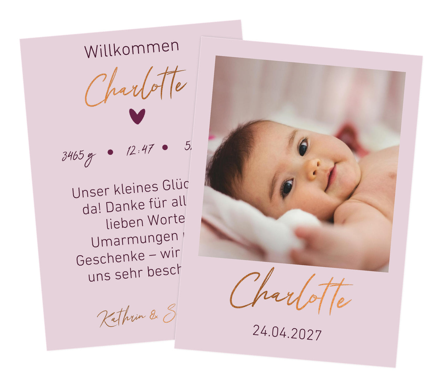 Dankeskarte zur Geburt seidenmatt Papier mit Kupferveredlung in Rosa - Romantische Danksagung mit kupfernen Verzierungen