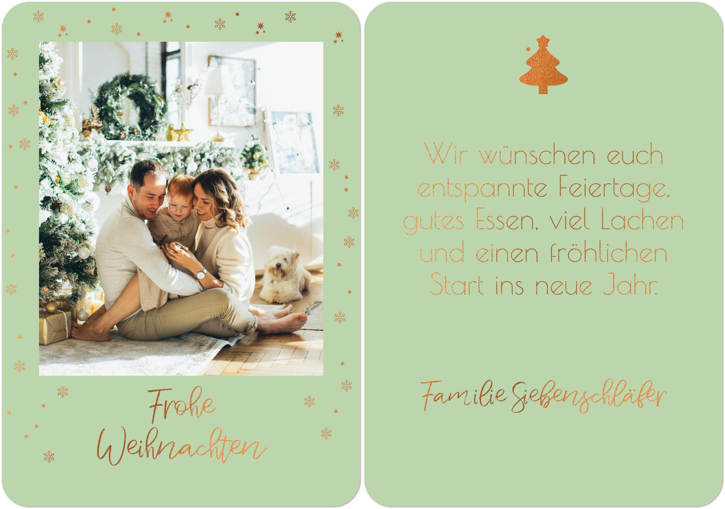 Weihnachtspostkarte Hochformat mit kupfer in Farbe tannengrün