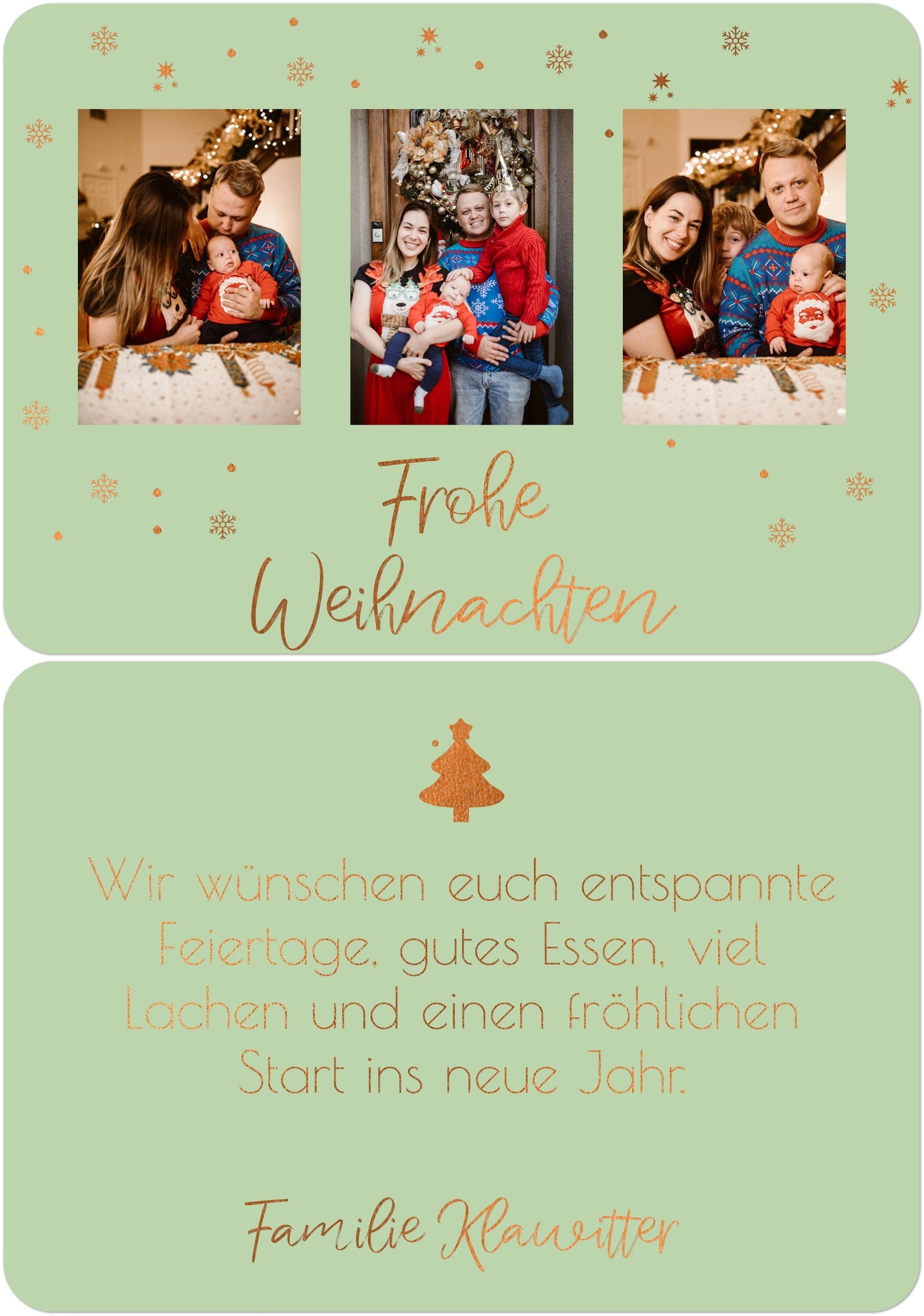 Weihnachtspostkarte Querformat mit kupfer in Farbe tannengrün