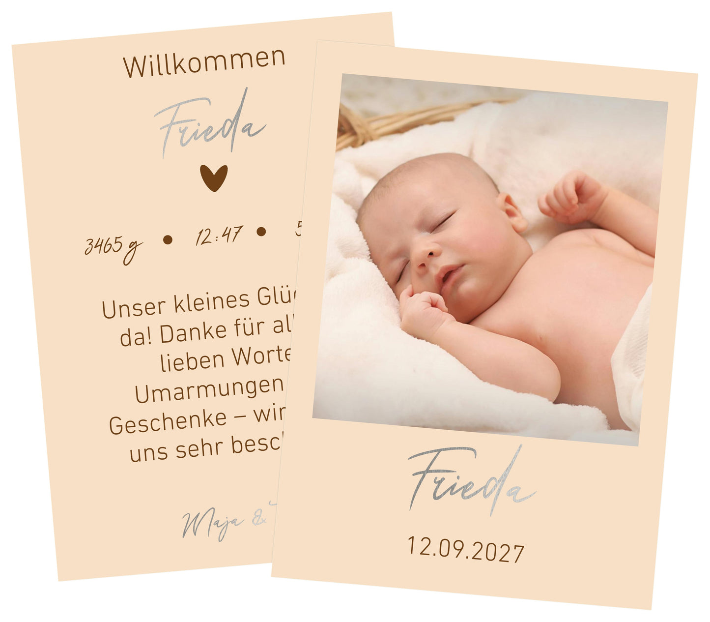 Dankeskarte zur Geburt seidenmatt Papier mit Silberveredlung in Beige - Elegante Danksagung mit silbernen Highlights