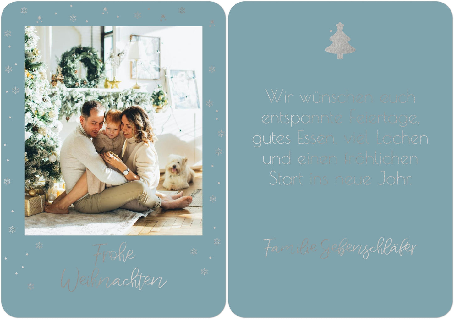 Weihnachtspostkarte Hochformat mit silber in Farbe frostblau