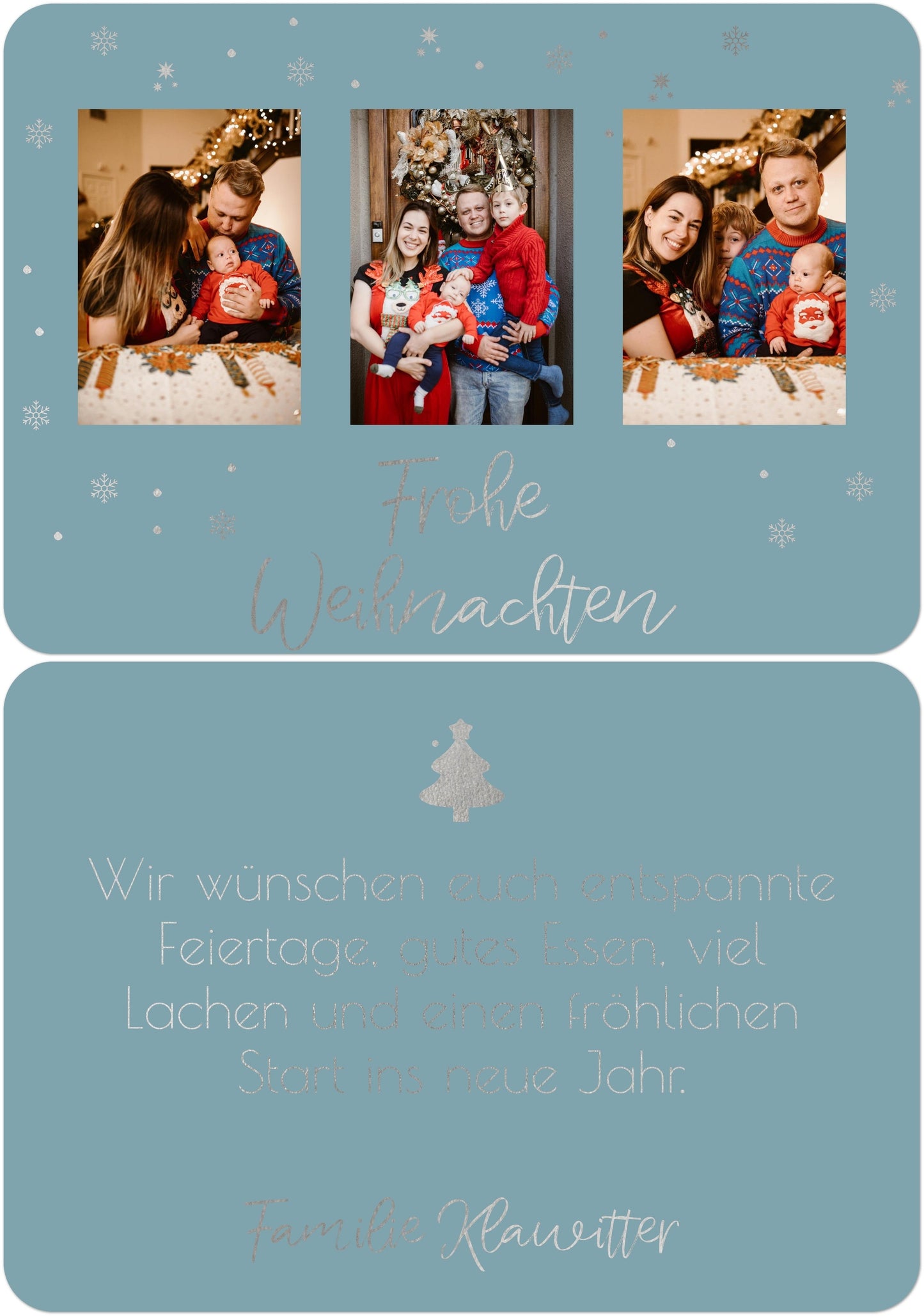 Weihnachtspostkarte Querformat mit silber in Farbe frostblau