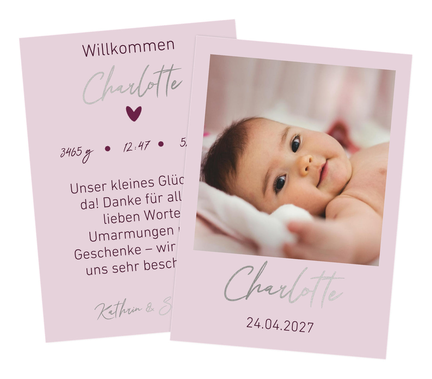 Dankeskarte zur Geburt seidenmatt Papier mit Silberveredlung in Rosa - Romantische Danksagung mit silbernen Verzierungen