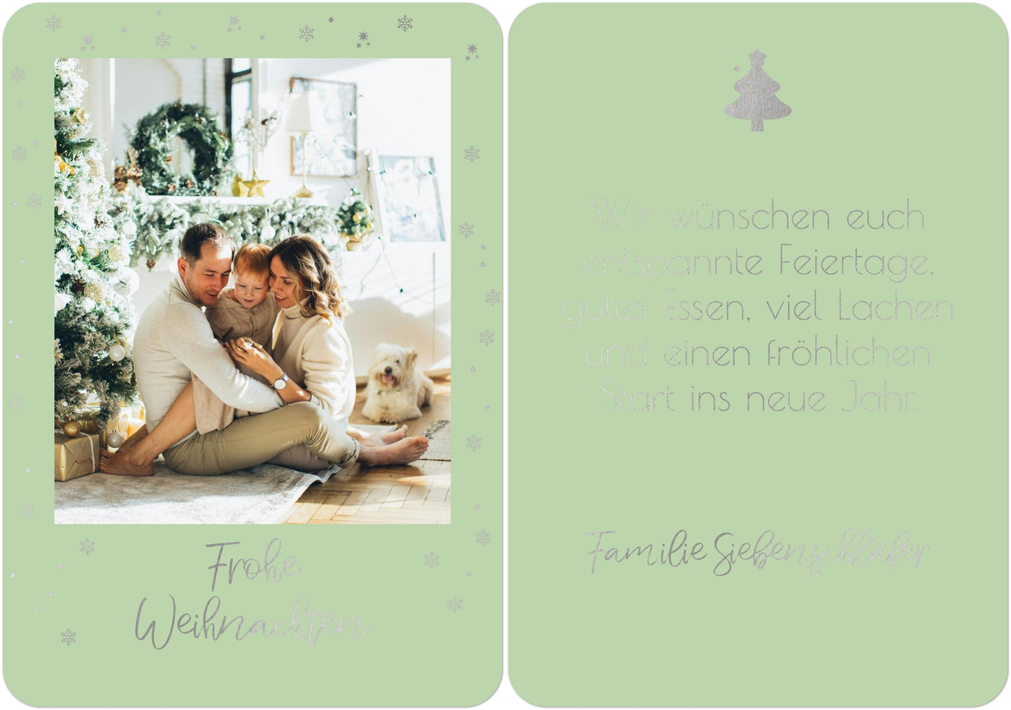 Weihnachtspostkarte Hochformat mit silber in Farbe tannengrün