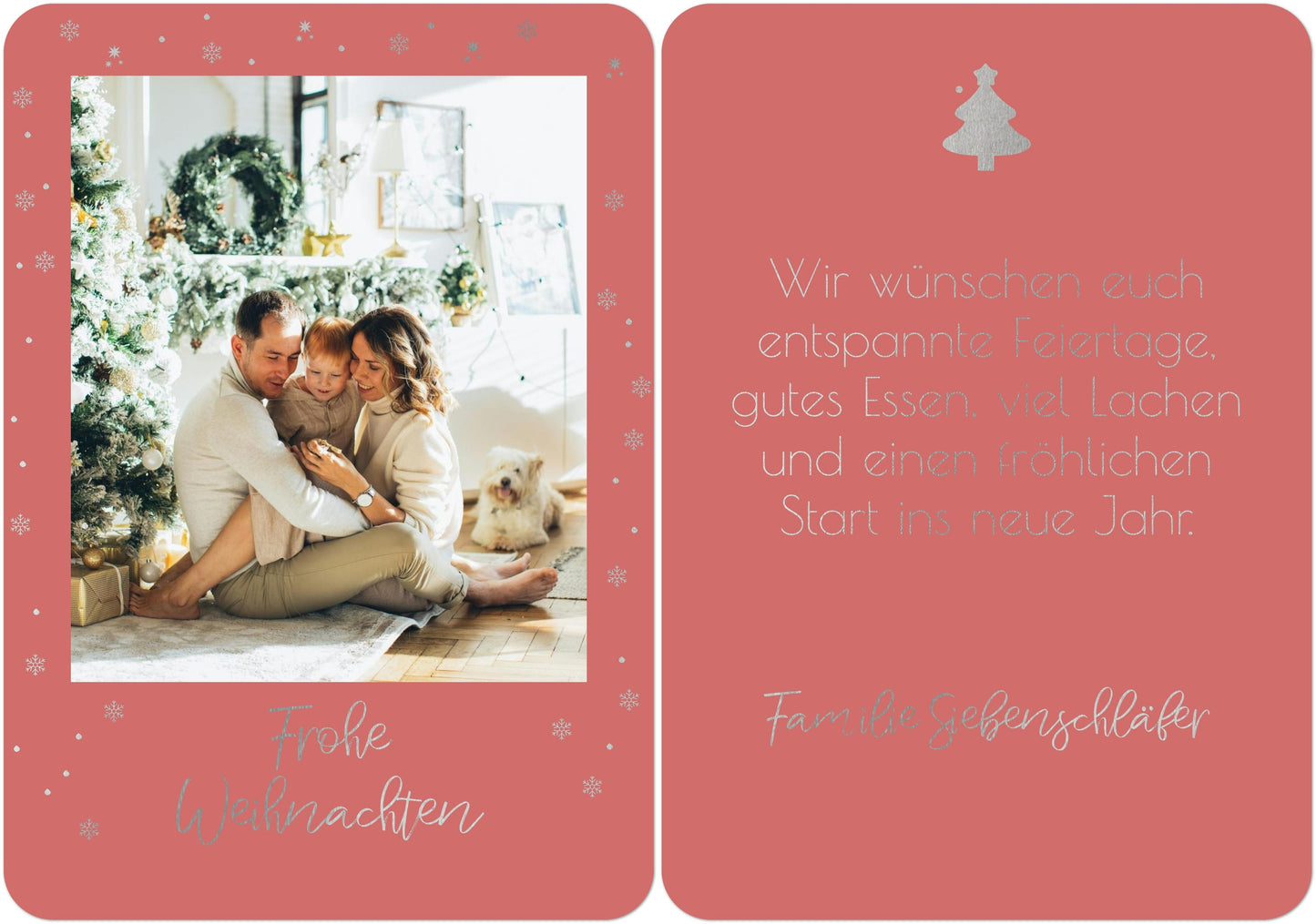 Weihnachtspostkarte Hochformat mit silber in Farbe winterrot