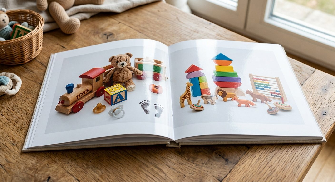 Aufgeschlagenes Fotobuch auf glänzendem Fotopapier