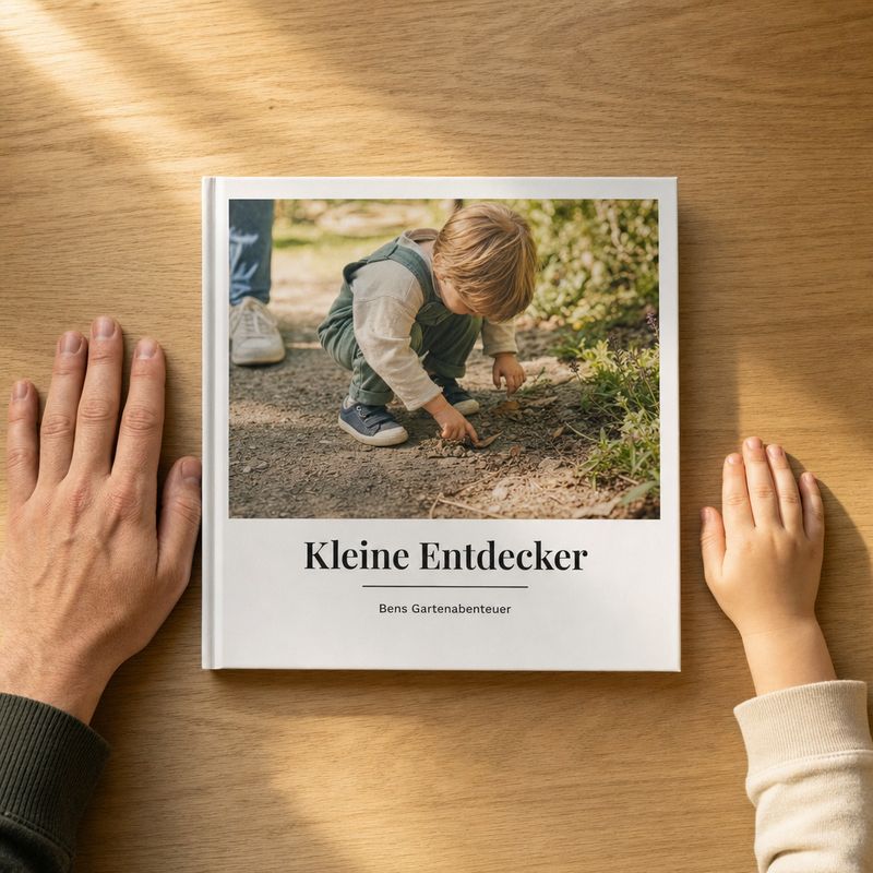 Das Handtaschen-Format (19 × 19 cm) zwischen Eltern- und Kinderhand zum Größenvergleich