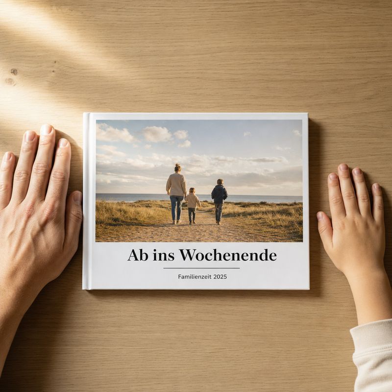 Der Quergucker (28 × 19 cm) zwischen Eltern- und Kinderhand zum Größenvergleich